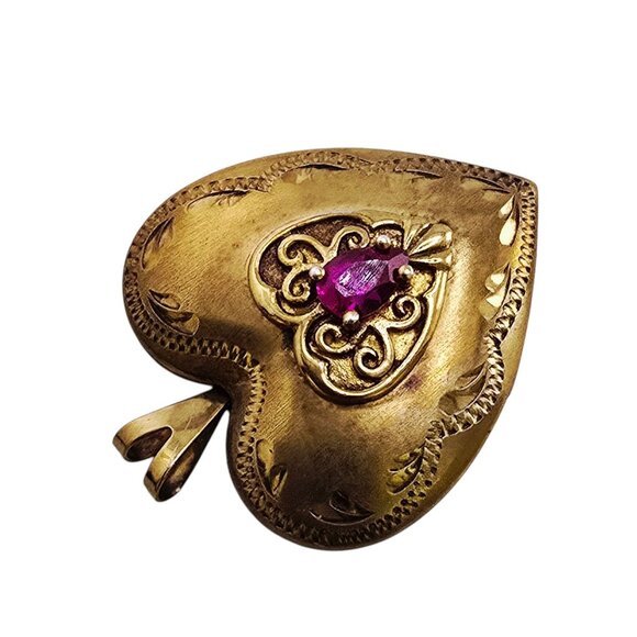 Vintage Gold Wash Over Sterling & Glass Etched Heart Pendant (A8664) - Picture 3 of 6